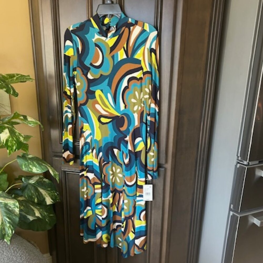 Trina Turk Pierce Stretch Knit Mod Abstract Floral Print Mock Neck Midi Dress